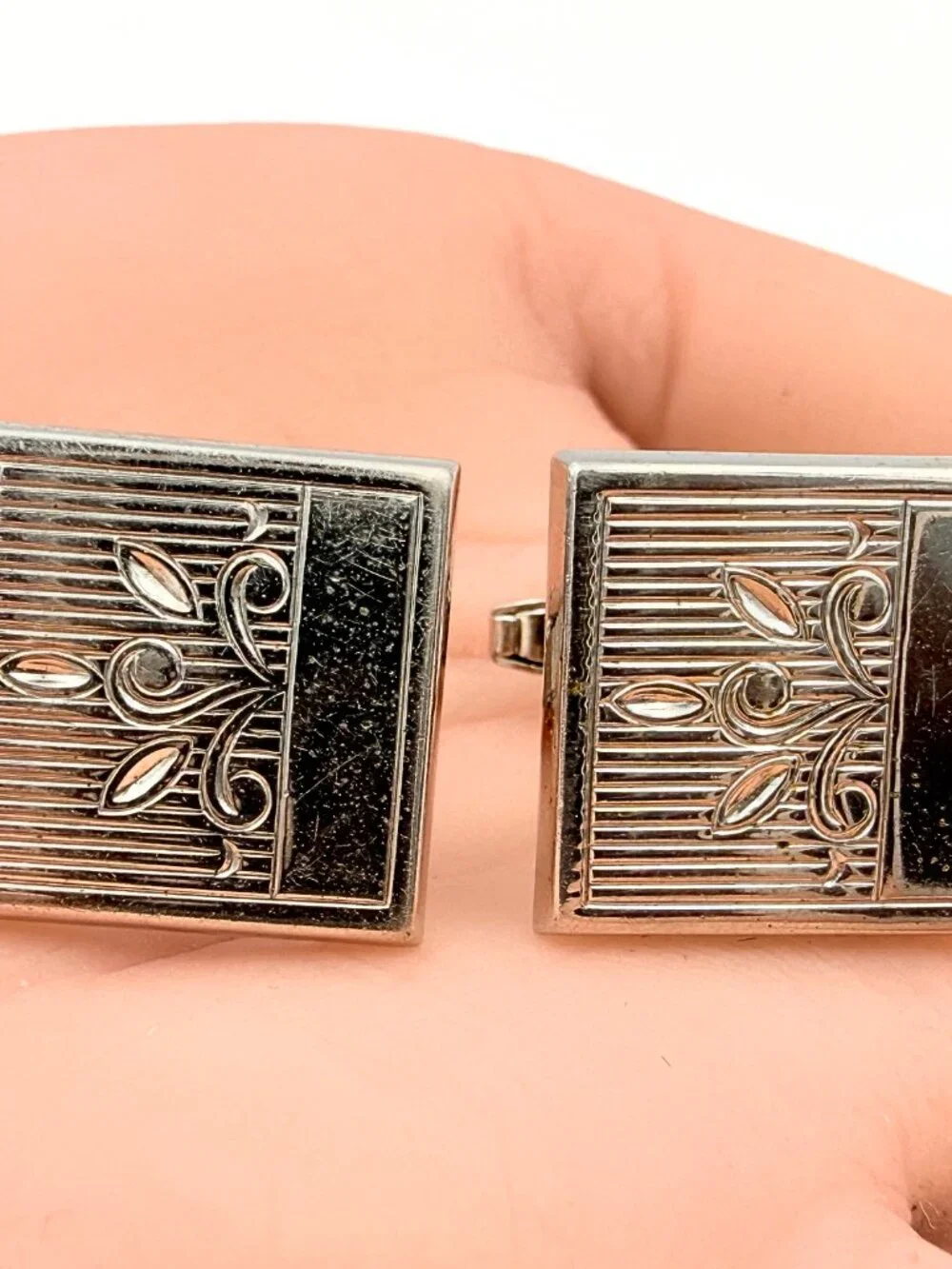 Foster Signed MCM Square Silver Plate Engraved Art Deco Style Cufflinks